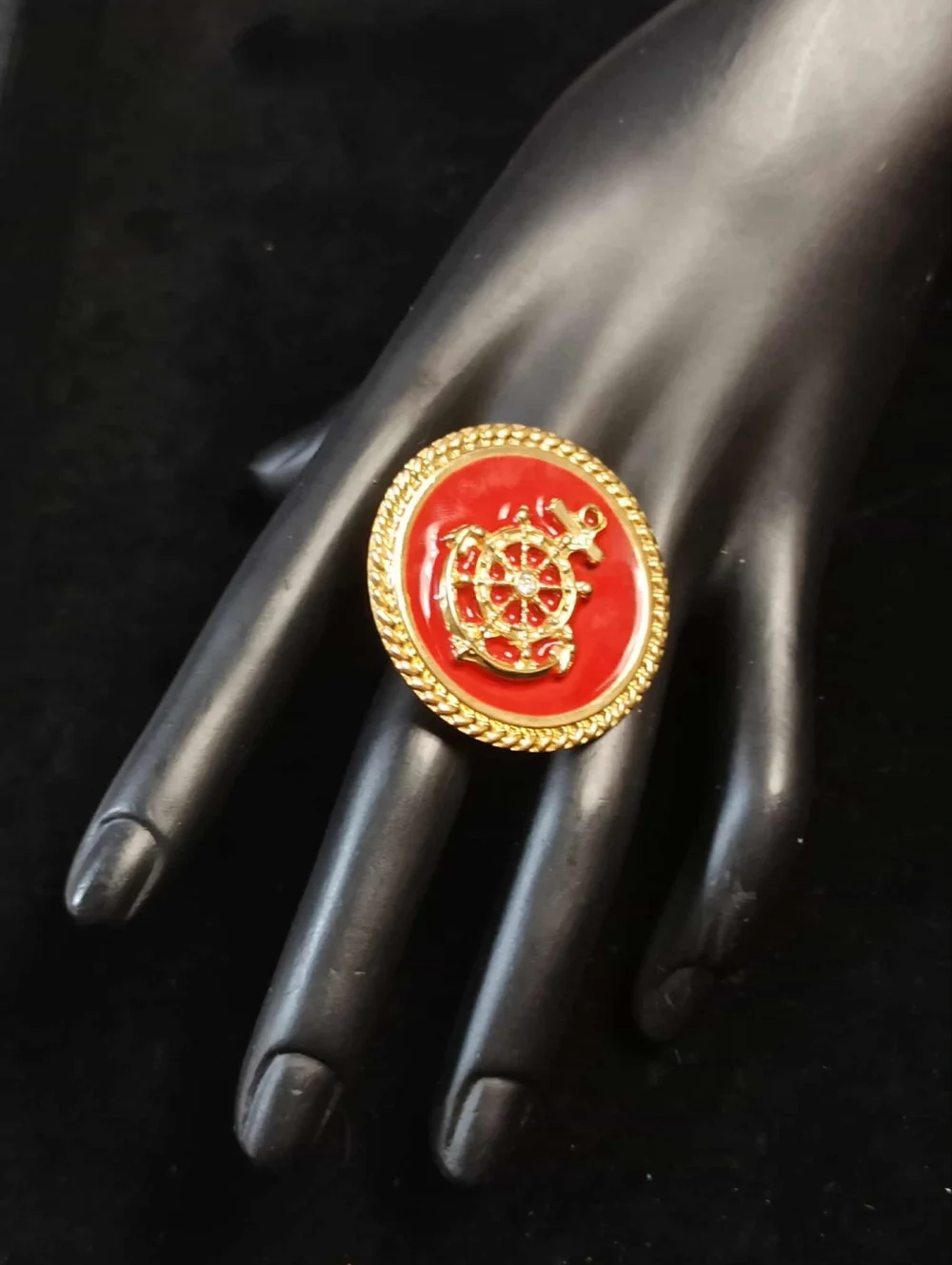 Vintage 80’s Nautical Ship Wheel Red Enamel Gold Tone Statement Ring Adjustable